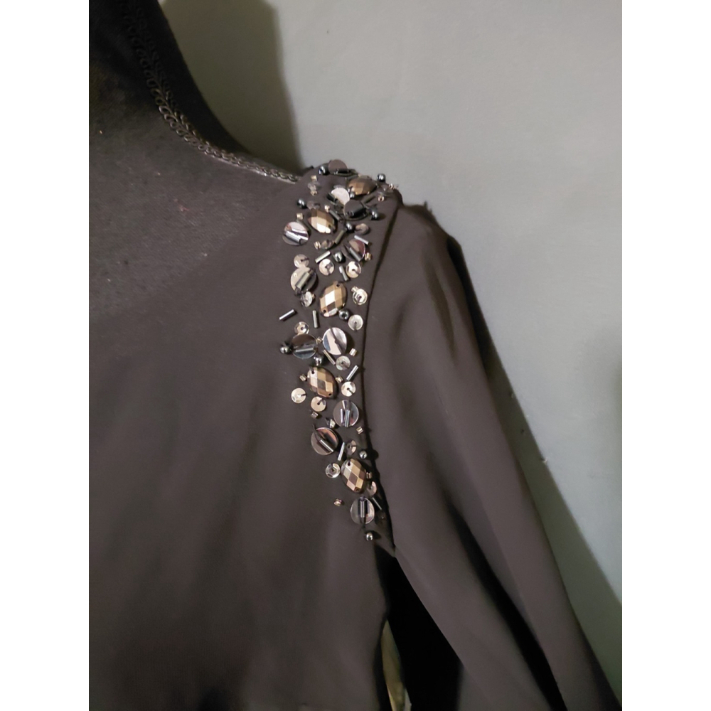 SLNY Tiered Dress Cocktail Boat Neck Black Chiffon Beaded Women Size 10 - Picture 5 of 10